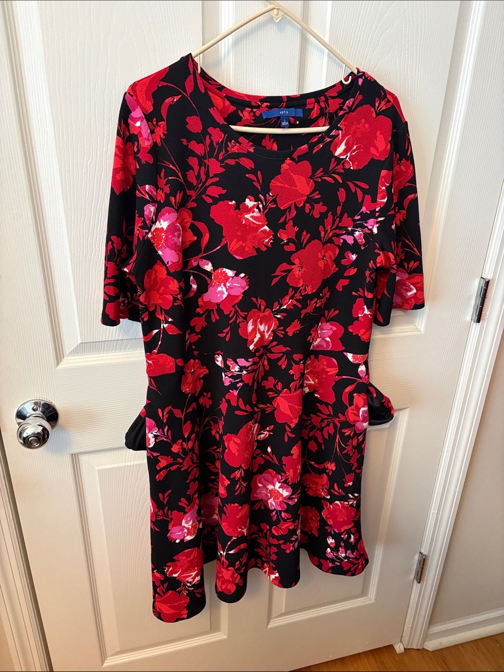 Women’s Black Floral Fit-and-Flare Dress with Red Bloom Print